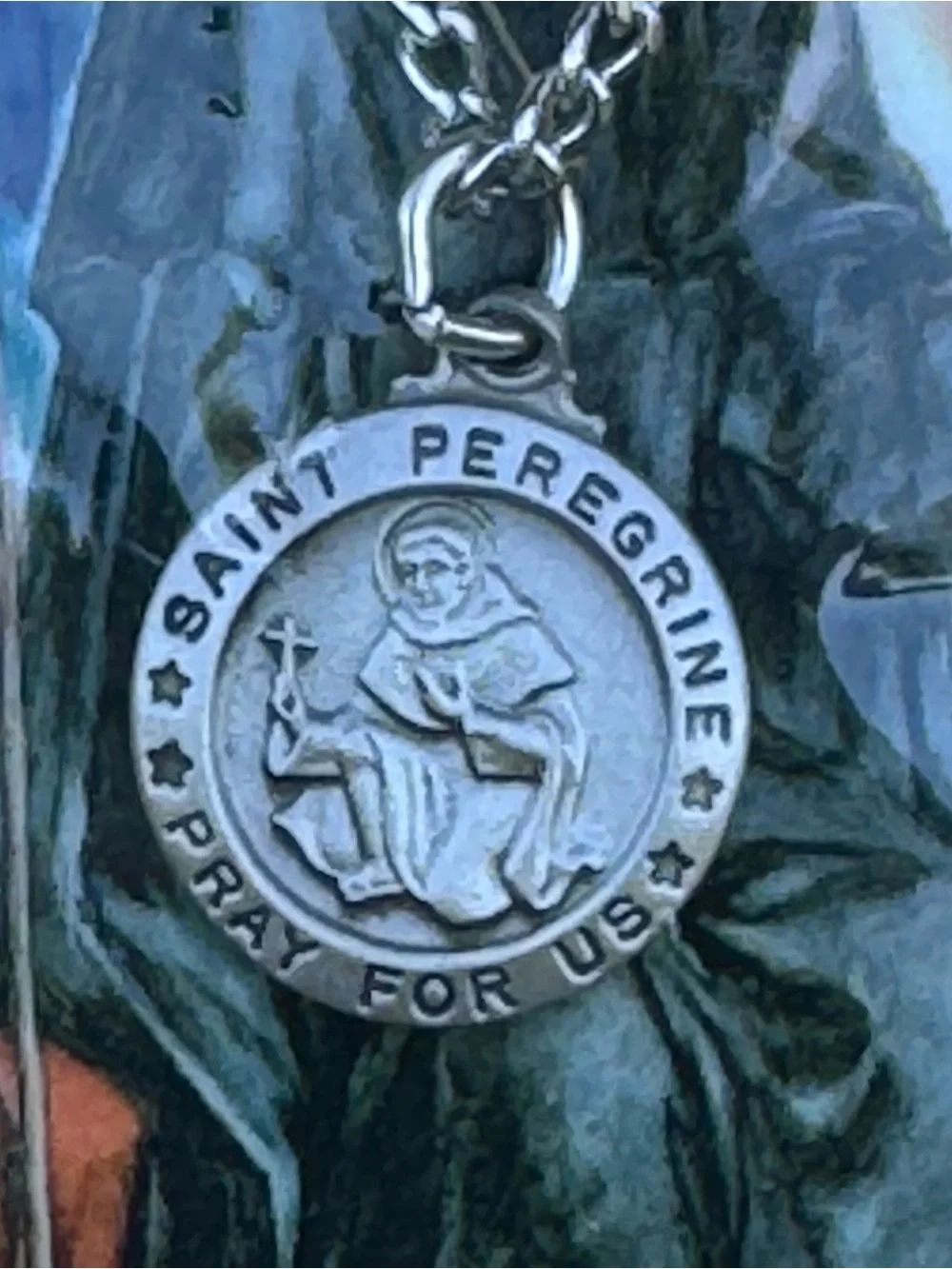 Saint Peregrine Medal Necklace Prayer Card Catholic Patron Cancer Silver Tone